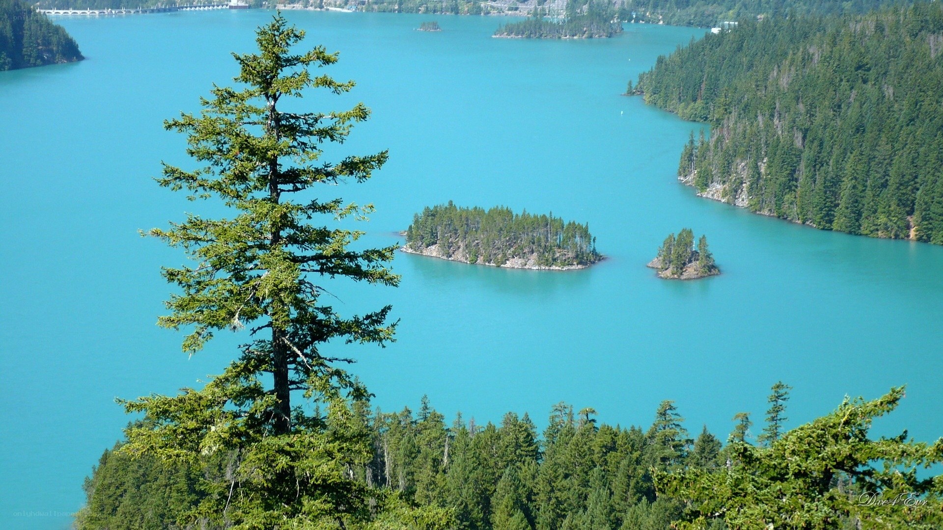 Turquoise lake with forested islands
