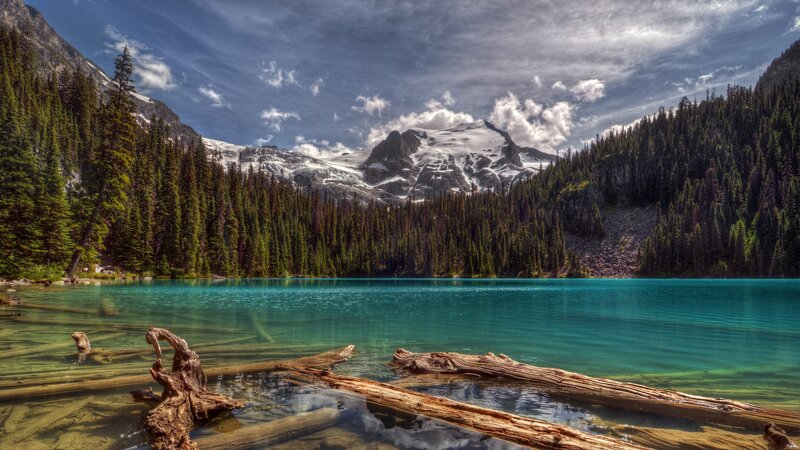 Turquoise lake with snow-capped mountains