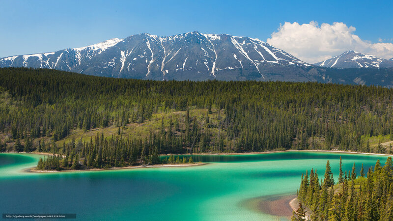 Turquoise lake with snow-capped mountains