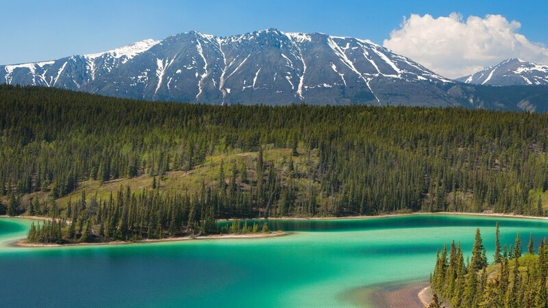 Turquoise lake with snow-capped mountains