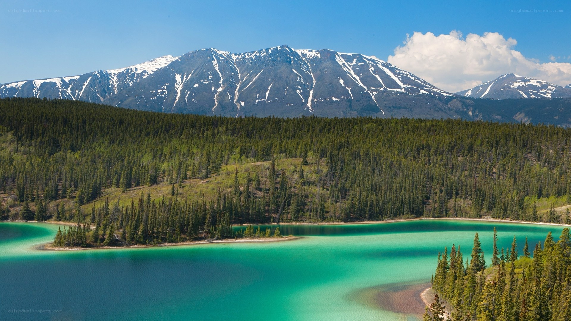 Turquoise lake with snow-capped mountains