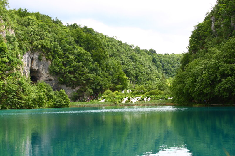 Turquoise Lake with Waterfalls