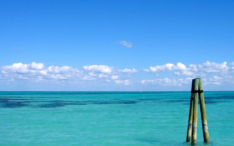 Turquoise sea with wooden posts
