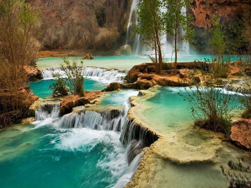 Turquoise Waterfall Cascade — Blue, Serene, Afternoon