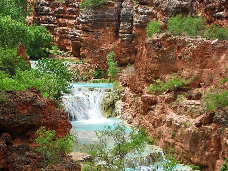 Turquoise Waterfall in Canyon — Blue