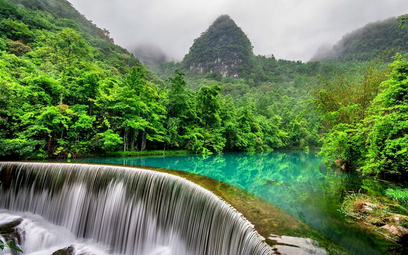 Turquoise Waterfall in Forest — Green, Serene