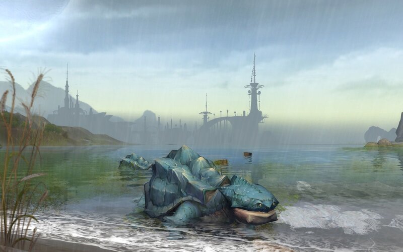 Turtle-like creature in a rainy landscape