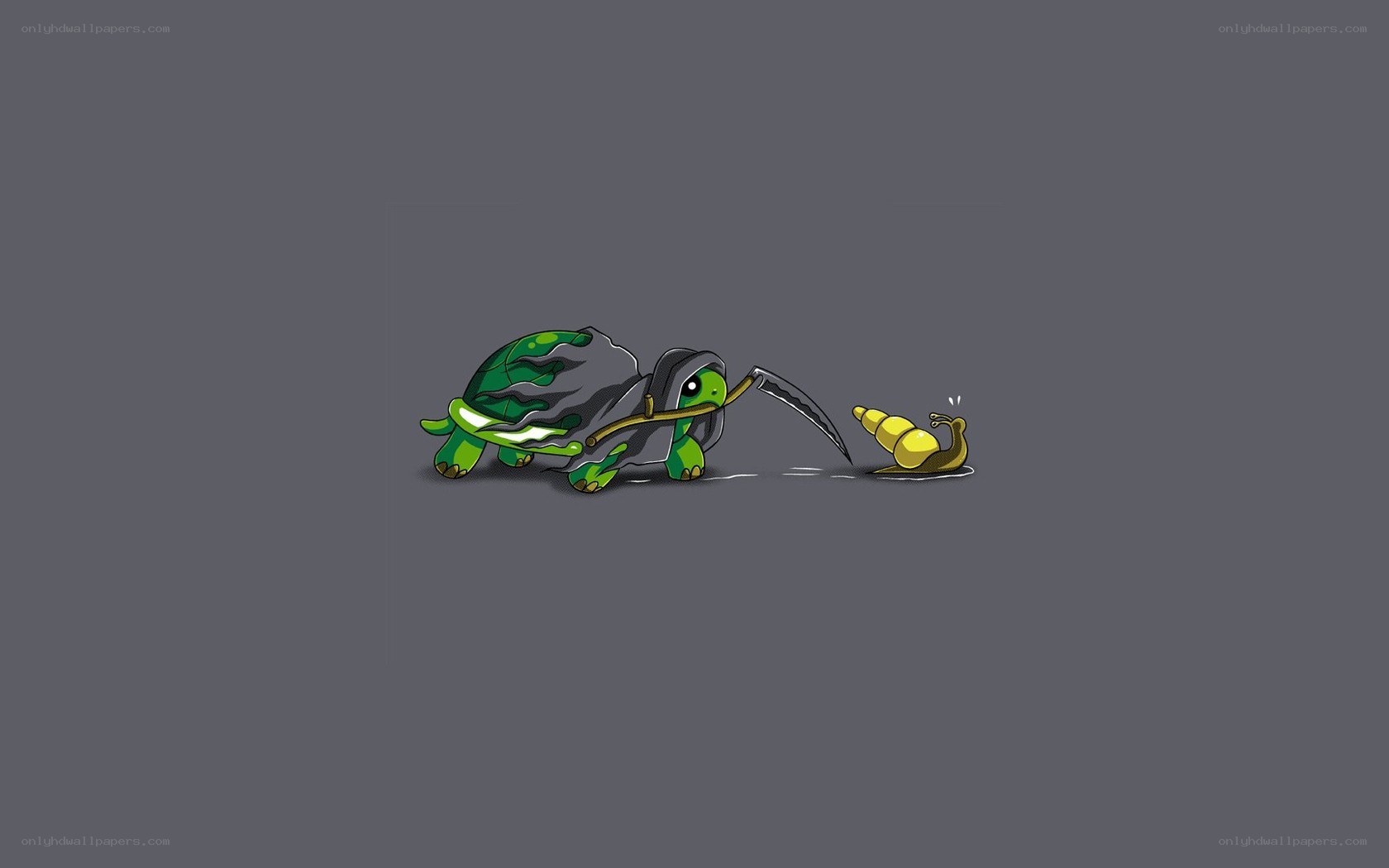 turtle with scythe chasing snail