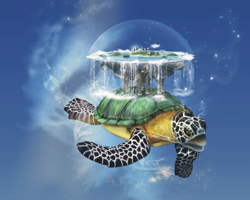 turtles carrying a world