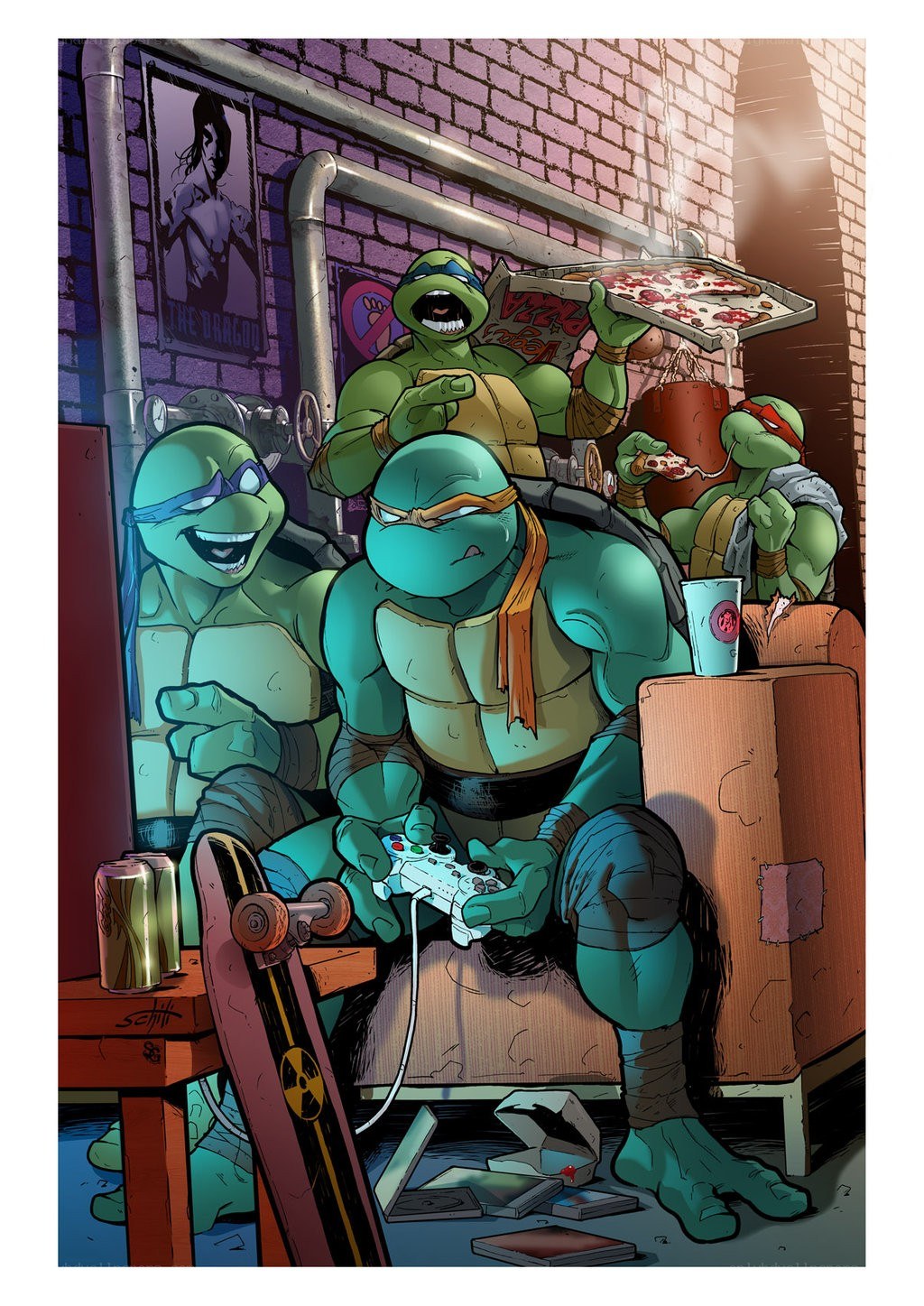 Turtles enjoying pizza and games