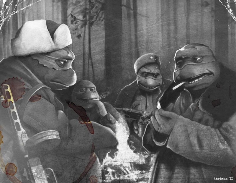 Turtles in Military Gear — Black, Gritty, Digital Art, Smoking