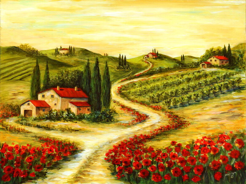 Tuscan Countryside — Green, Serene, Afternoon, Painting, Hills