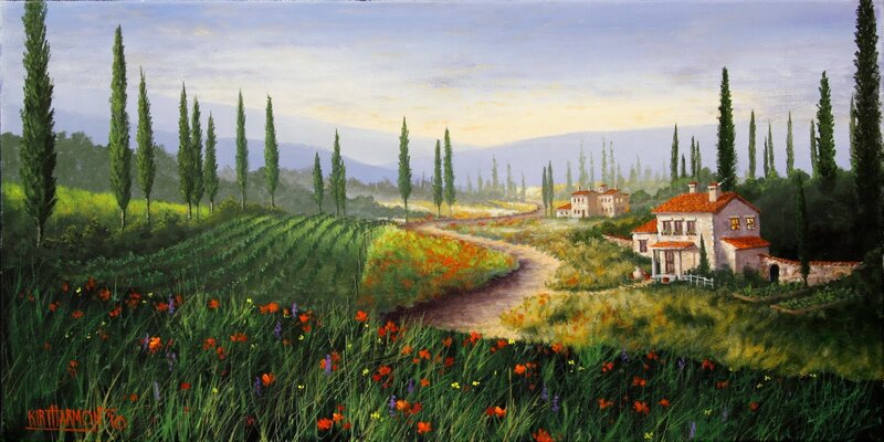 Tuscan Countryside Landscape — Green, Serene, Afternoon, Painting