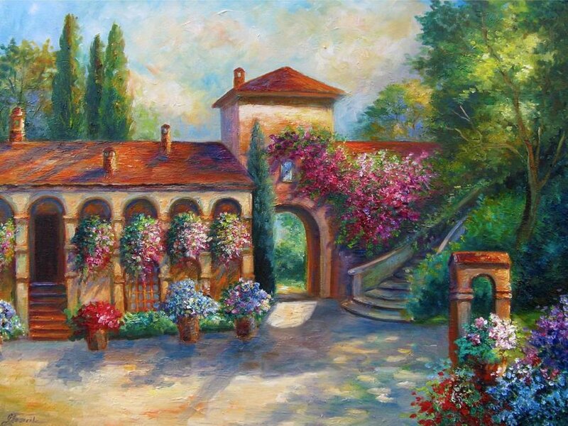 Tuscan Courtyard with Flowers — Green, Serene, Afternoon