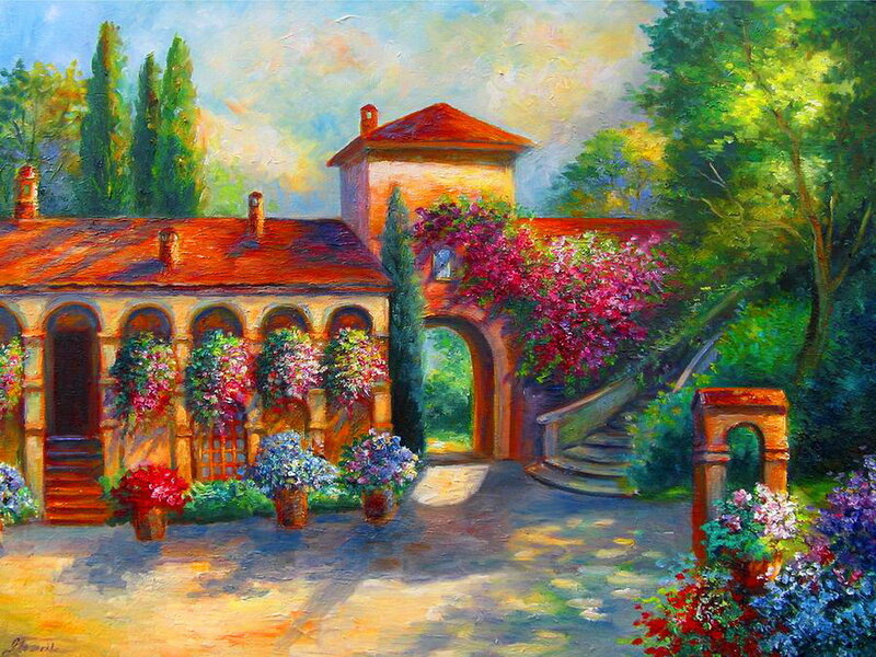 Tuscan Courtyard with Flowers — Green, Serene