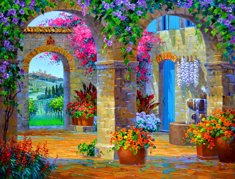 Tuscan Courtyard with Flowers — Green