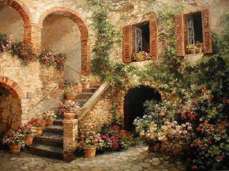Tuscan courtyard with flowers