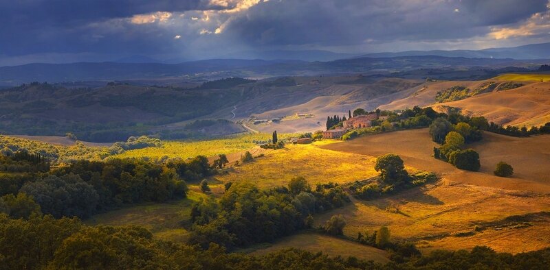 Tuscan Hills Landscape — Green, Dramatic, Sunset, Photograph