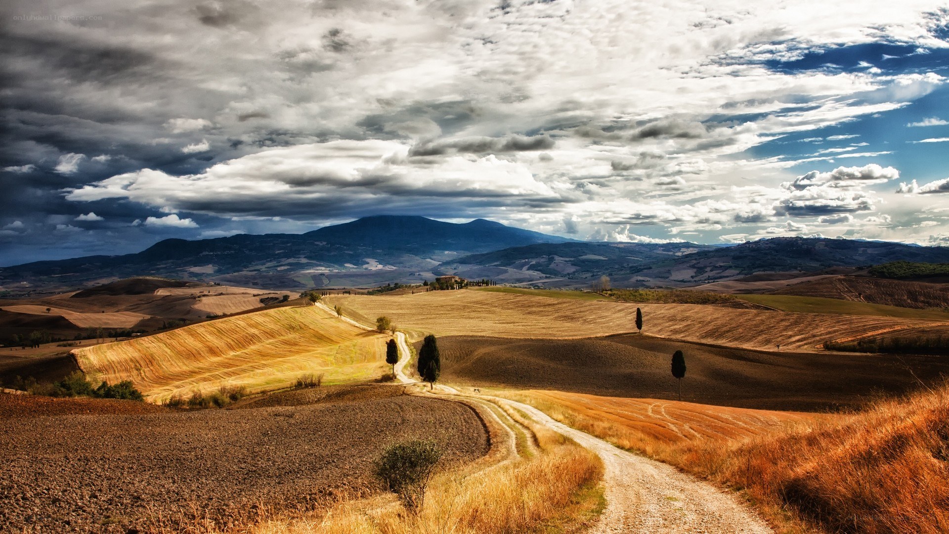 Tuscan hills under cloudy sky
