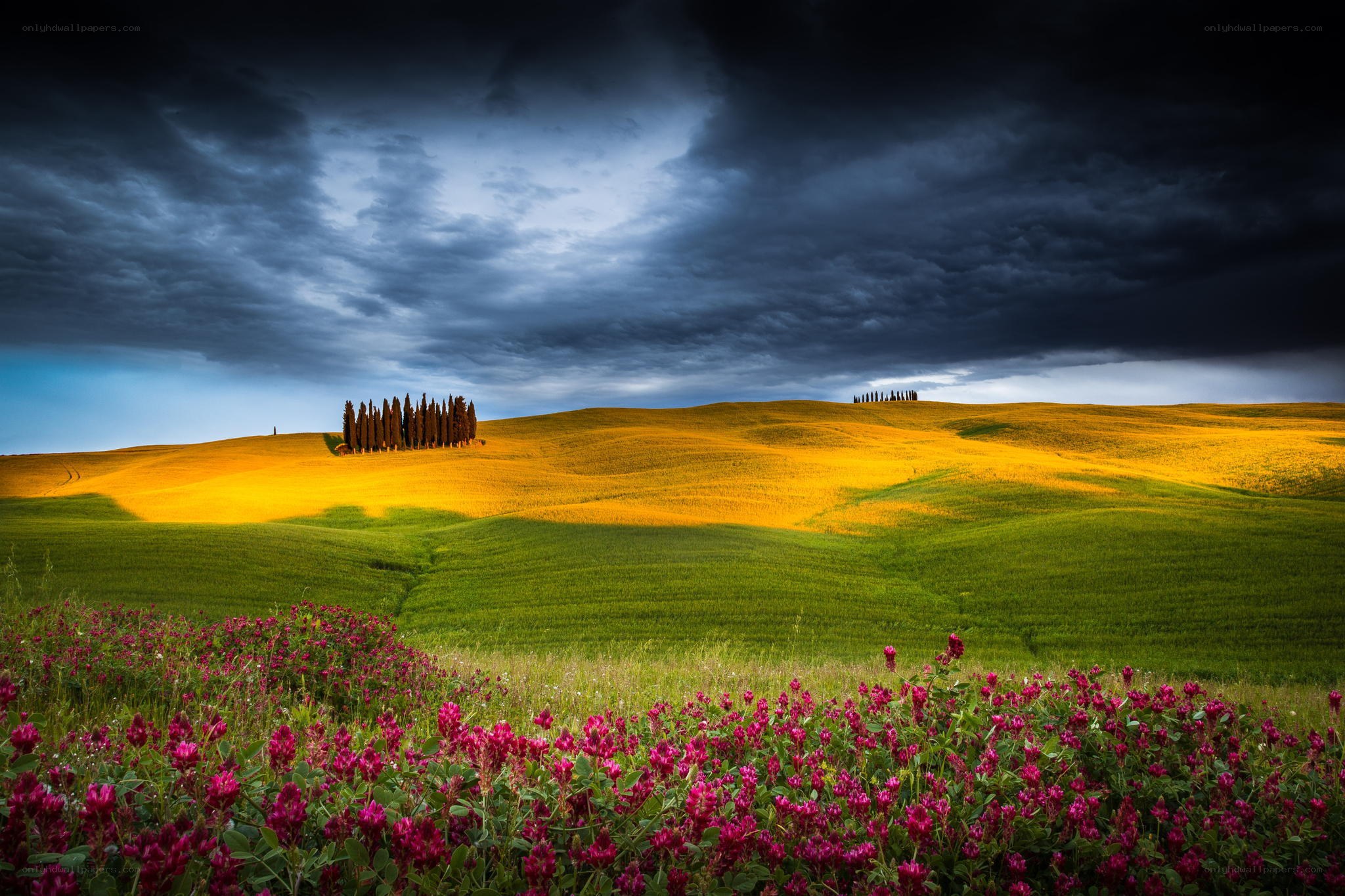 Tuscan hills under stormy sky
