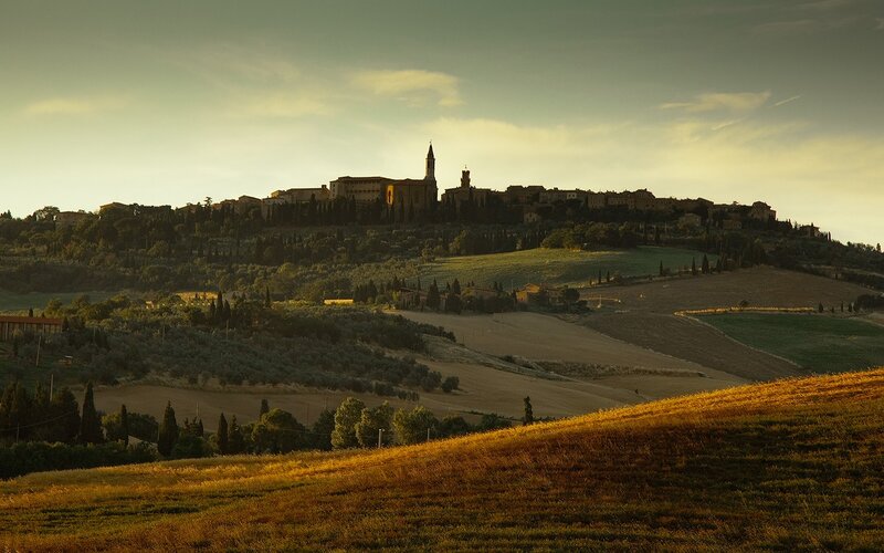 Tuscan hilltop village at sunset