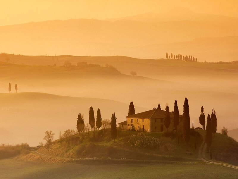 Tuscan landscape at sunrise
