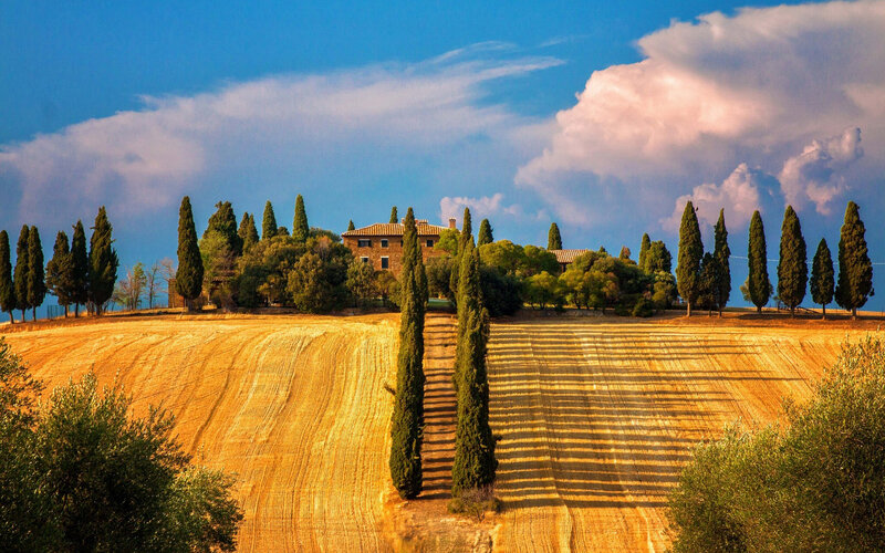 Tuscan Villa with Cypress Trees — Blue