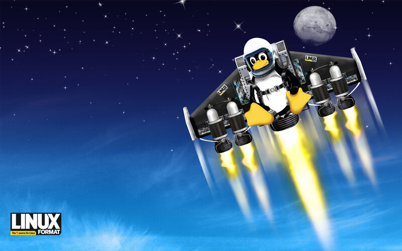 Tux flying in space