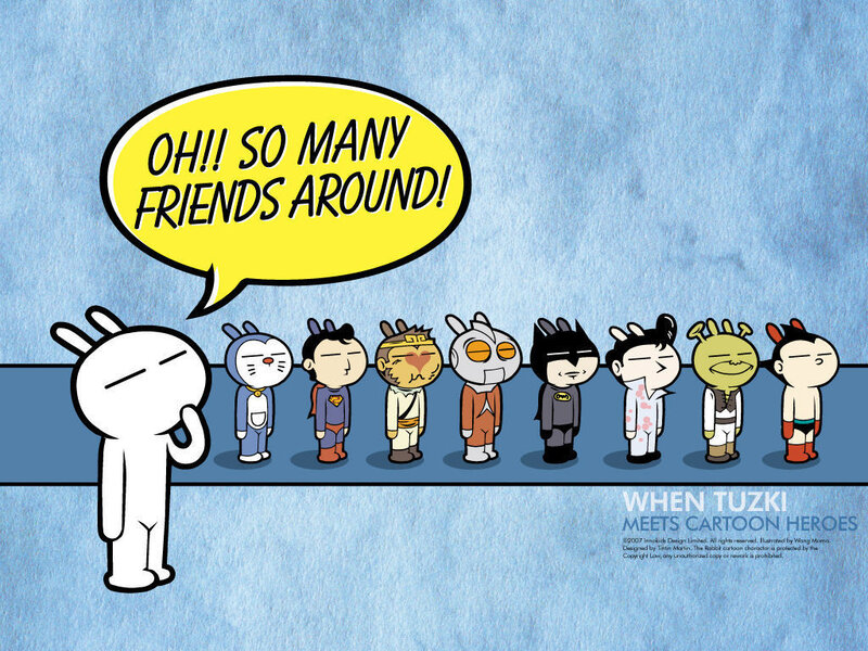 Tuzki meets cartoon heroes