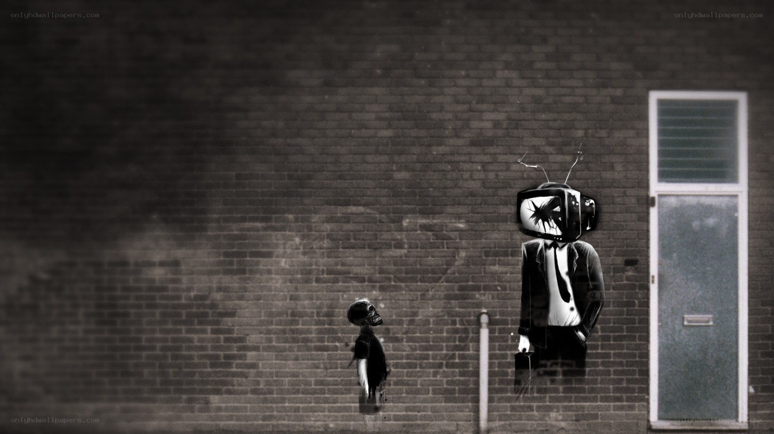 TV-headed figure with child