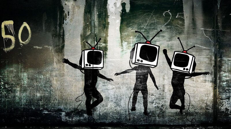 TV-headed figures dancing on wall
