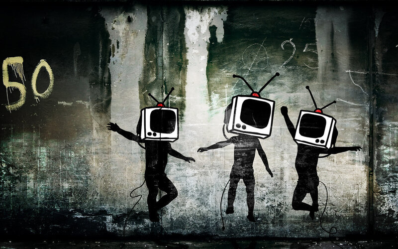 TV-headed figures dancing on wall