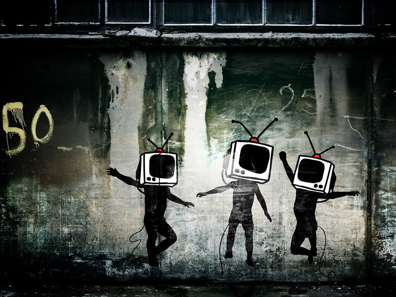 TV-headed figures dancing on wall