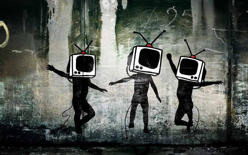 TV-headed figures dancing