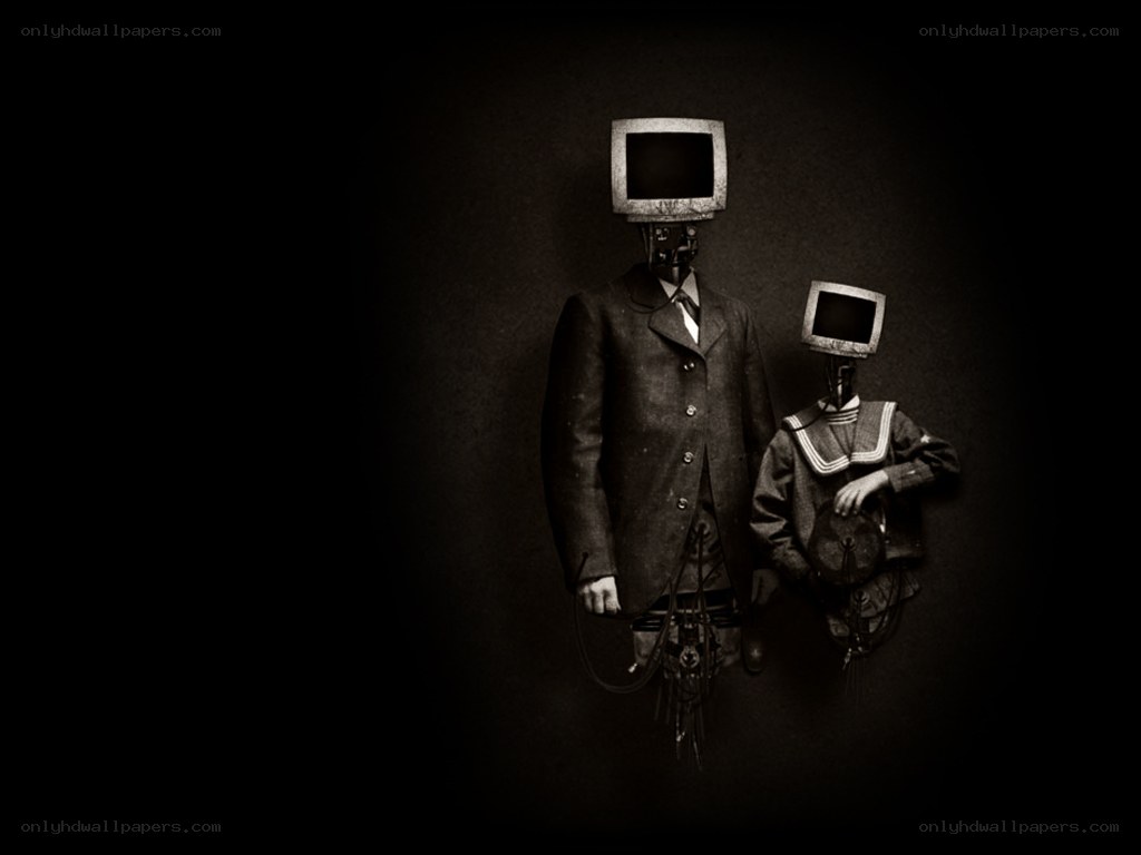 TV-headed figures in dark room