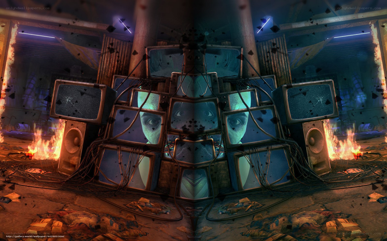 TV screens with faces in ruins