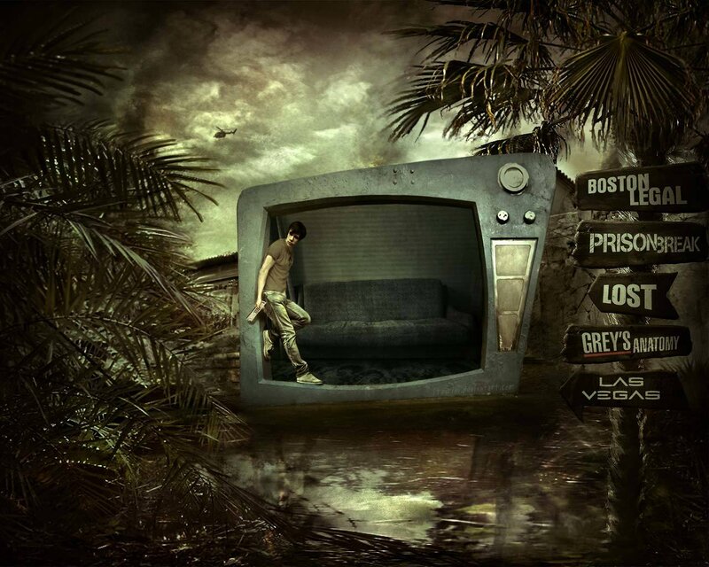 TV-shaped shelter in jungle