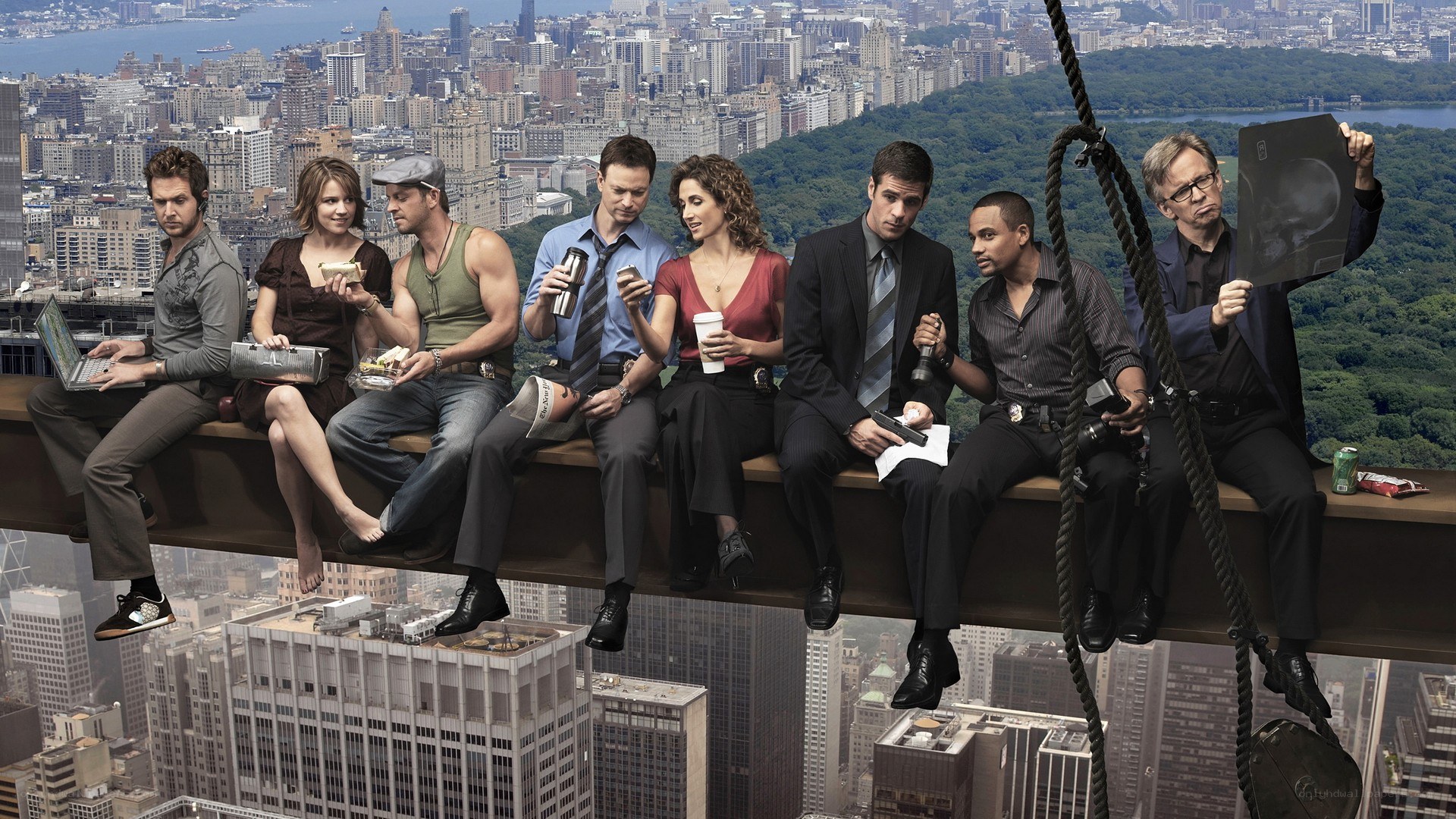 TV show cast on a beam