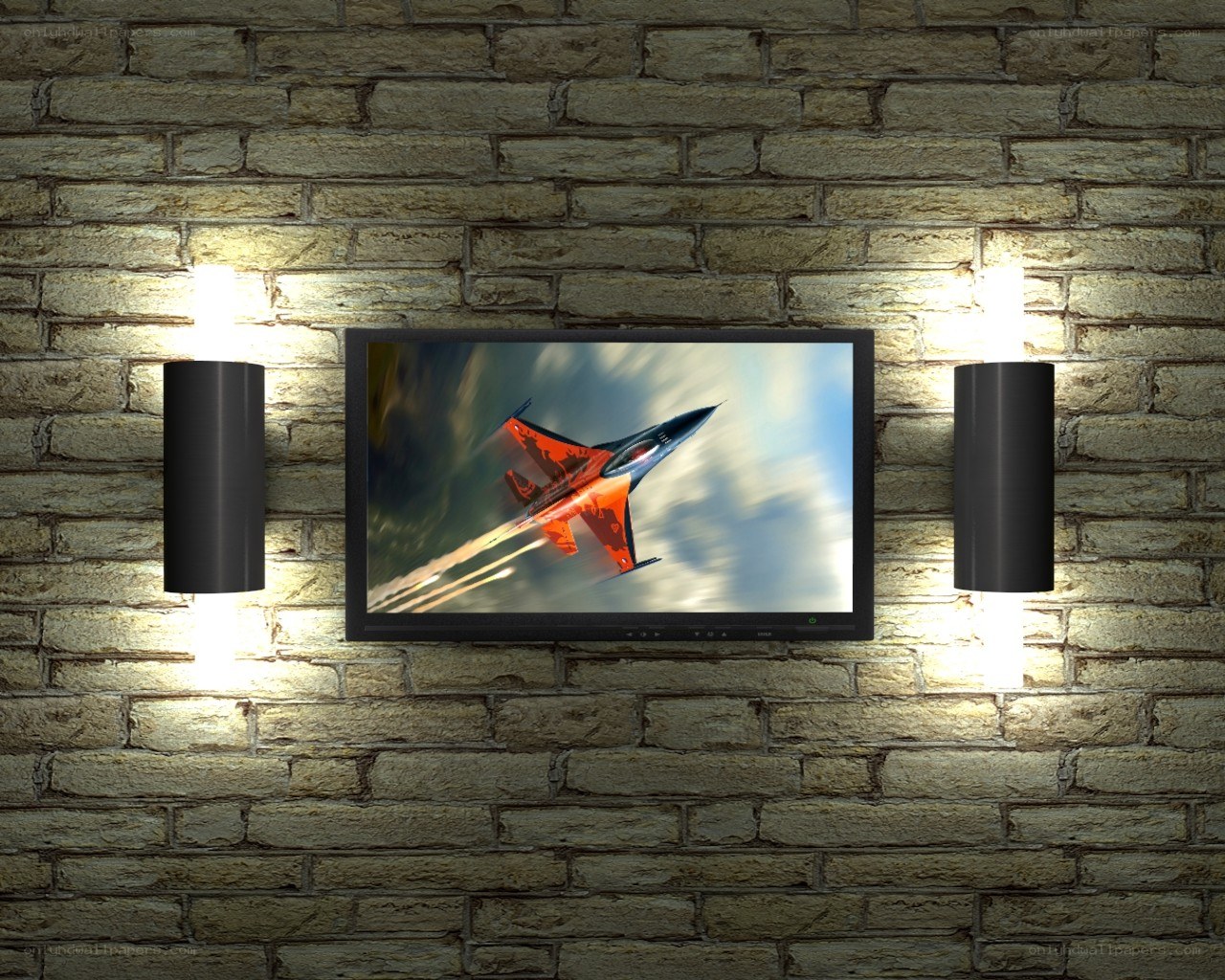 TV with fighter jet on brick wall