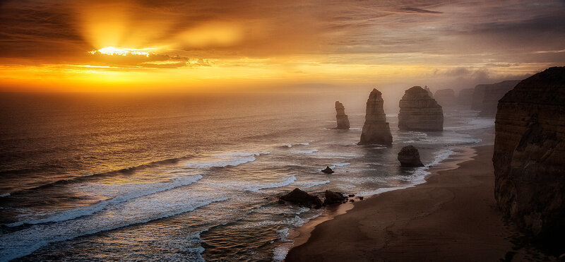 Twelve Apostles Rock Formations — Orange, Dramatic, Sunset, Photograph