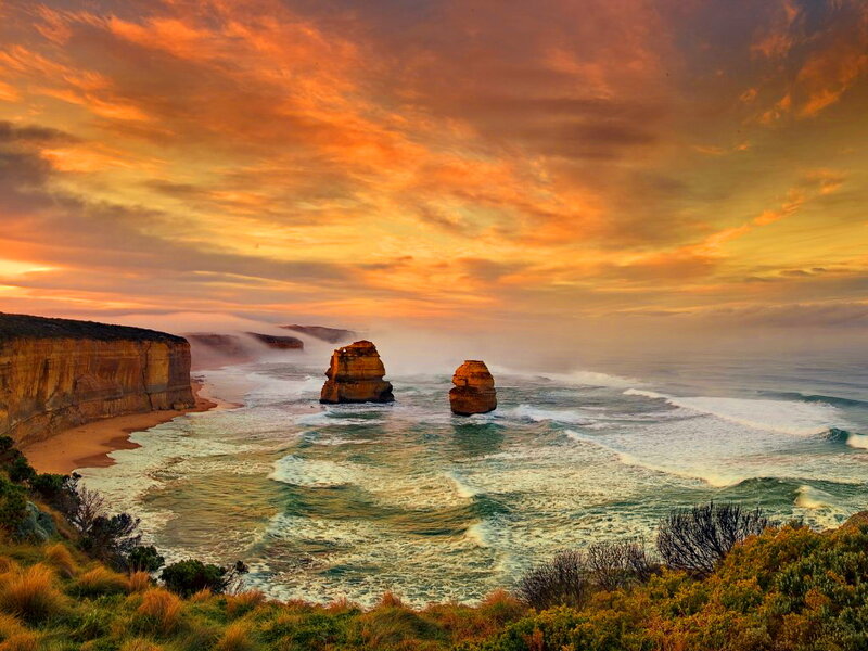 Twelve Apostles Rock Formations — Orange, Dramatic, Sunset