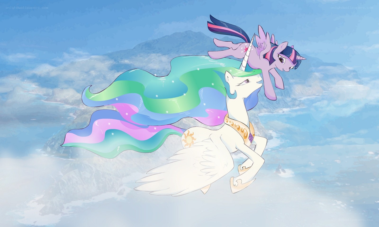 Twilight and Celestia flying together