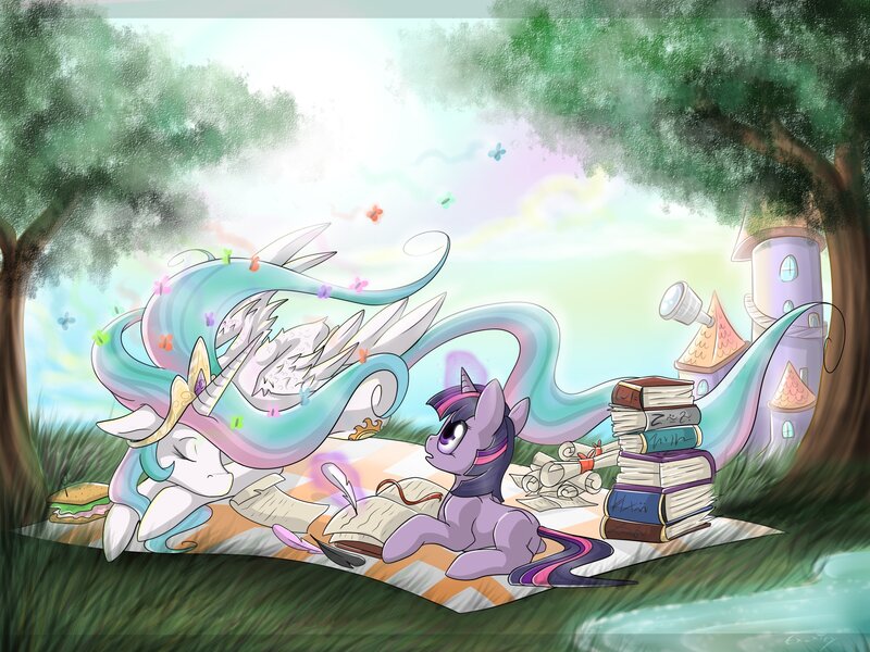 Twilight and Celestia reading together