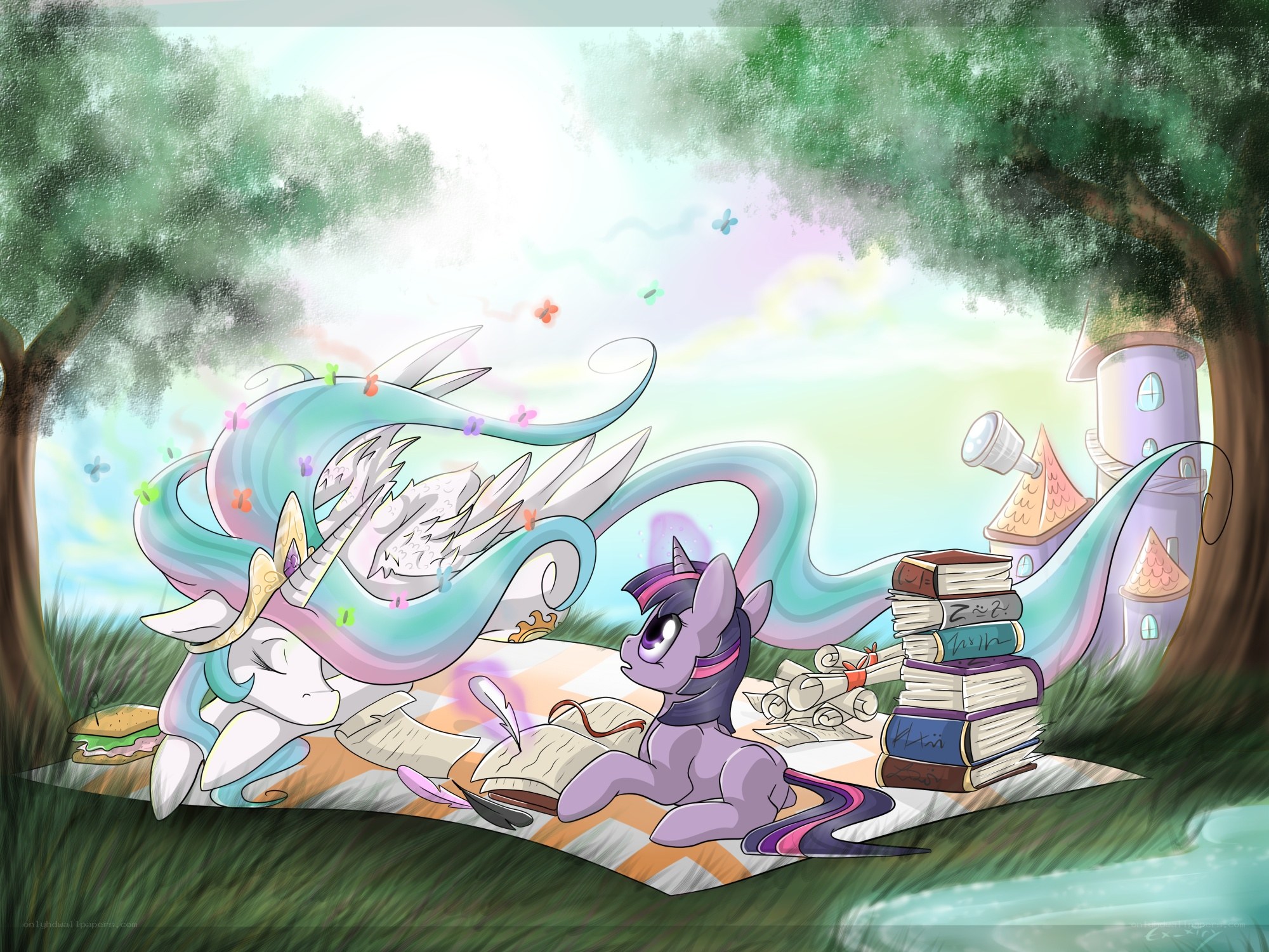 Twilight and Celestia reading together