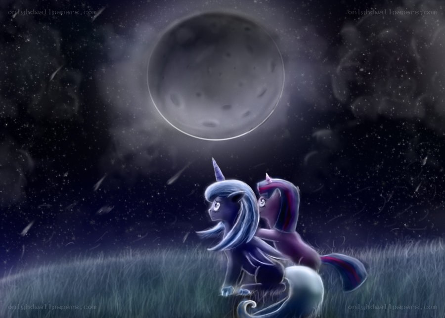 Twilight and Spike under the moon
