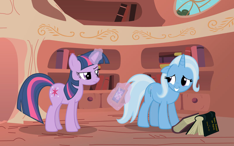 Twilight and Trixie in a library