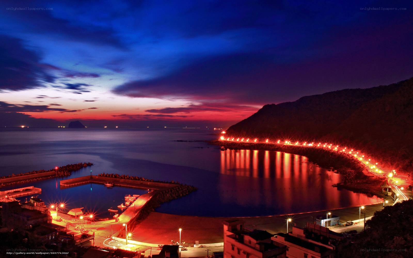 Twilight at a coastal harbor