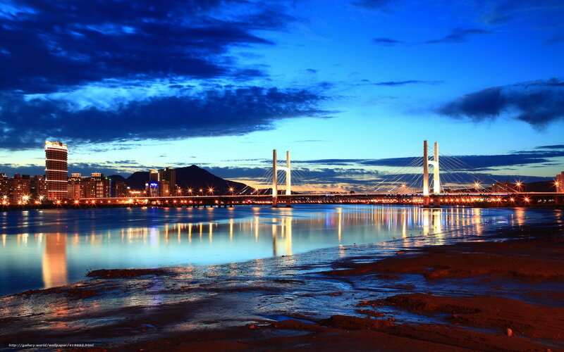 Twilight cityscape with bridge