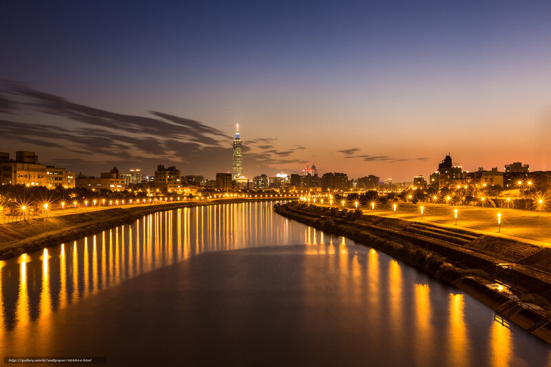 Twilight cityscape with river