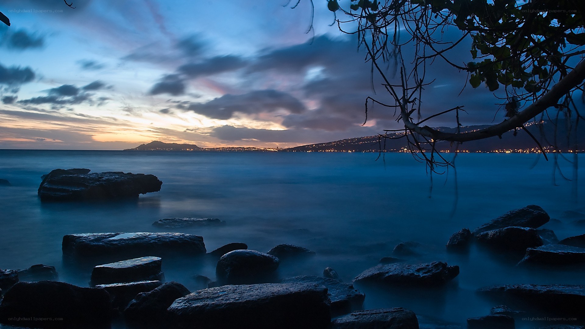 Twilight coast with city lights